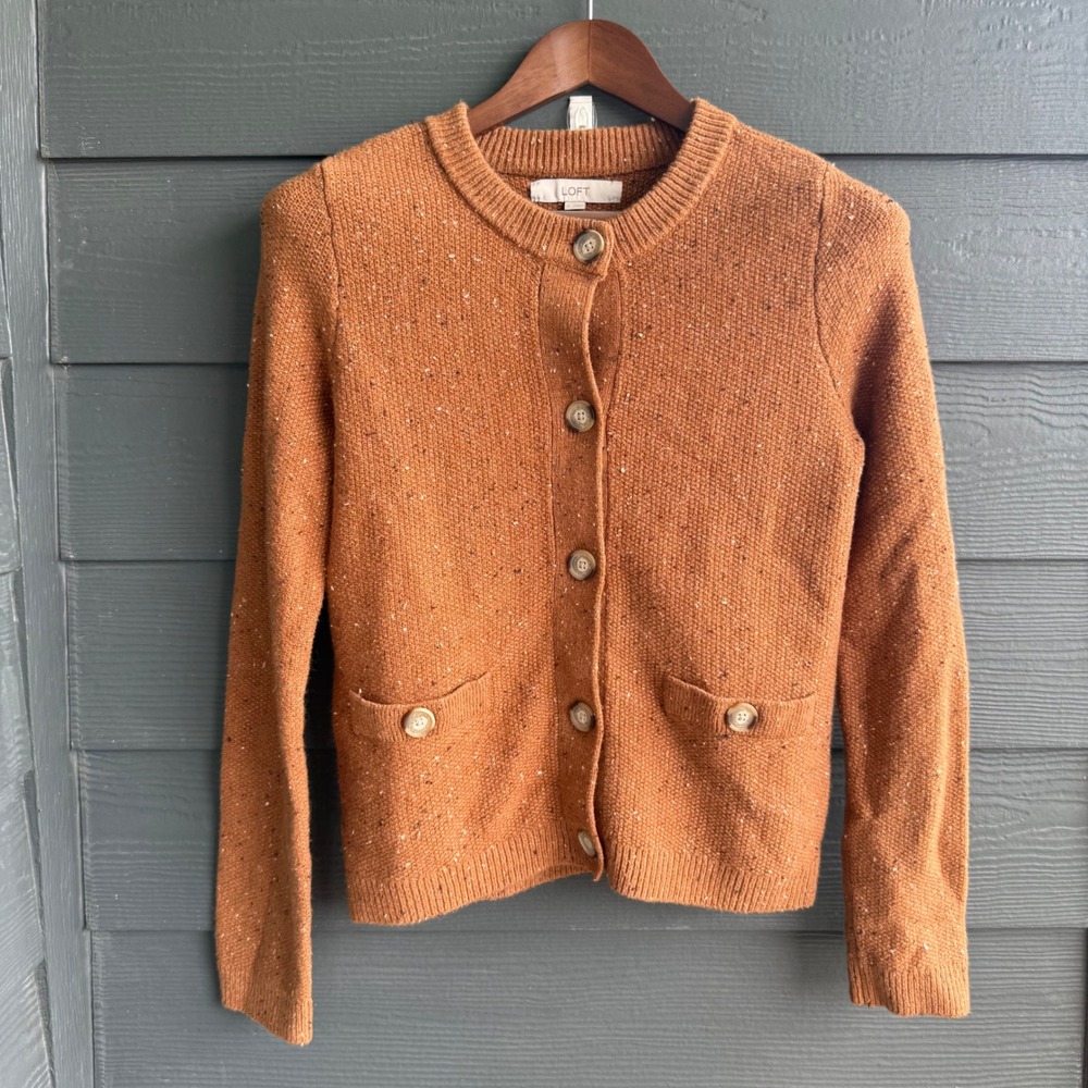 LOFT Rust Nep Knit Button Front Cardigan Sweater Pockets Womens Small NWT - Picture 4 of 9
